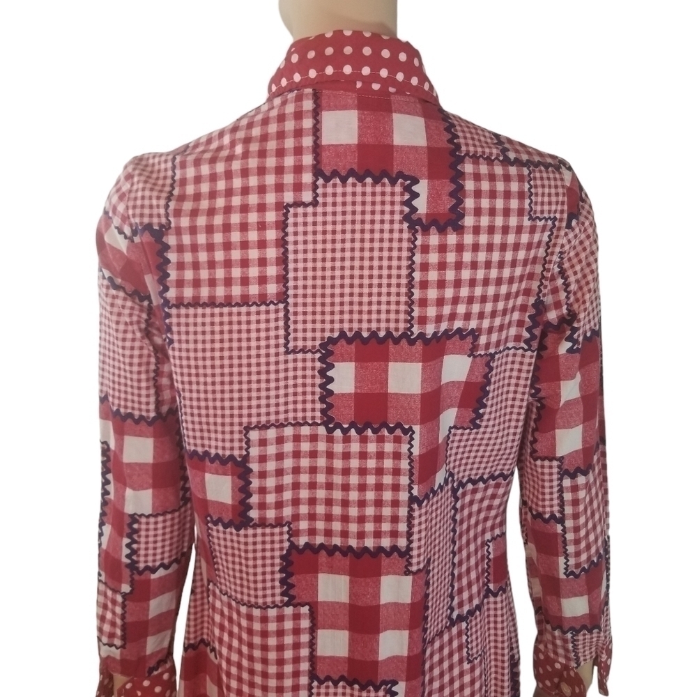Vtg 70s red gingham plaid patchwork long sleeve maxi dress - Picture 7 of 13